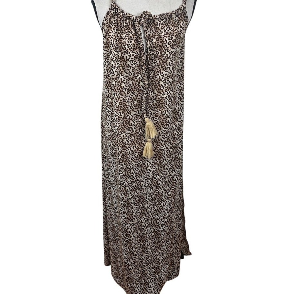 America & Beyond Maxi Dress Womens Brown Leopard Print Tassel Boho NWT Size M